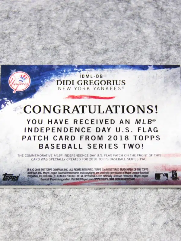 2018 Didi Gregorius #IDML DG Topps Series Two Independence Day Flag Patch - back