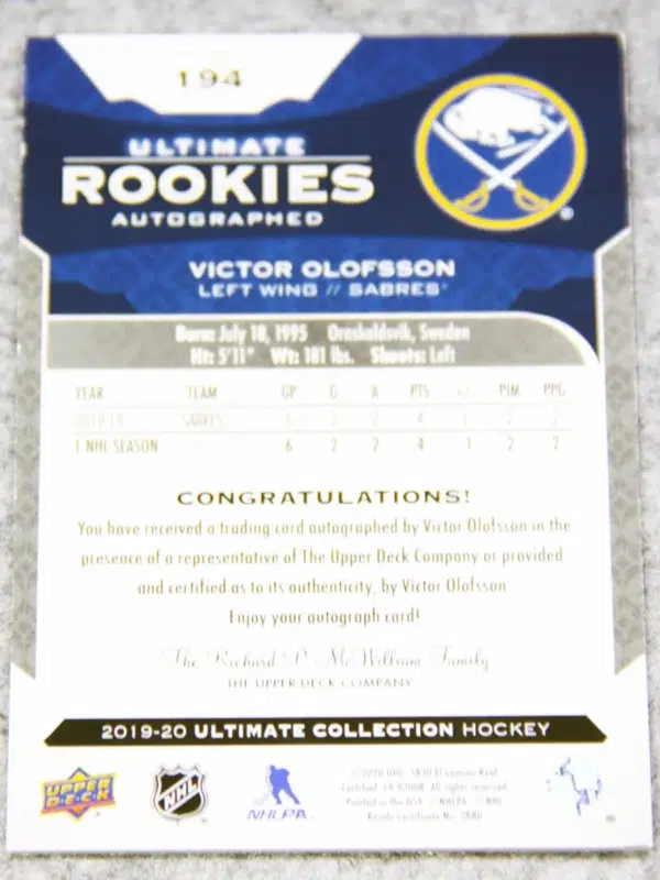 2019 20 Victor Olofsson #194 Upper Deck Ultimate Collection Ultimate Rookies Autographed of 99 - back