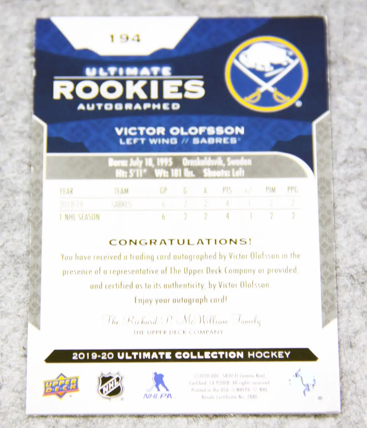 2019 20 Victor Olofsson #194 Upper Deck Ultimate Collection Ultimate Rookies Autographed of 99 - back