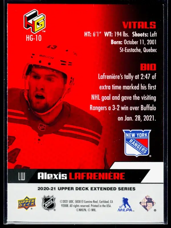 2020 21 Alexis Lafreniere #HG 10 Upper Deck Extended Series HoloGrFX - back