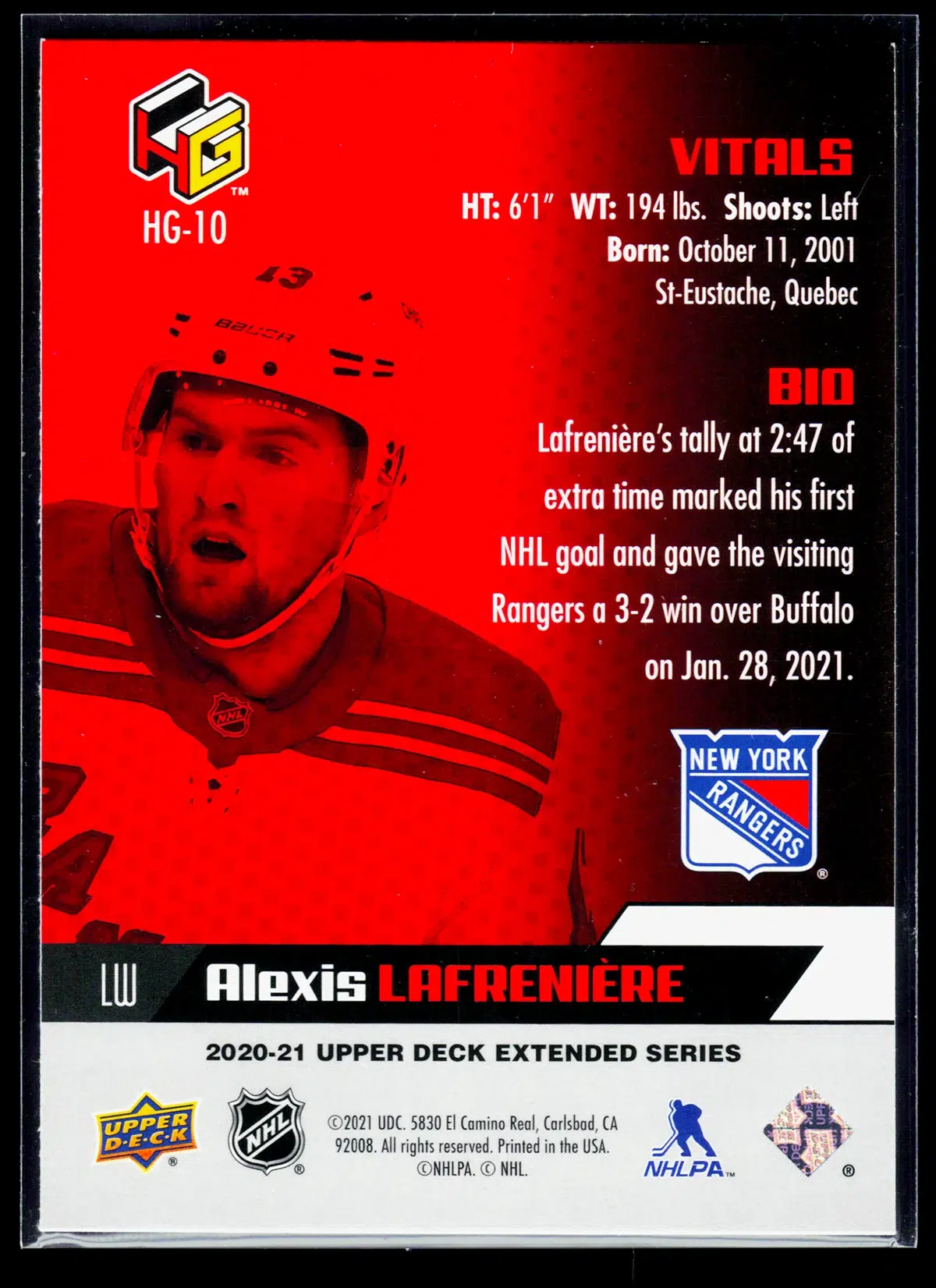 2020 21 Alexis Lafreniere #HG 10 Upper Deck Extended Series HoloGrFX - back
