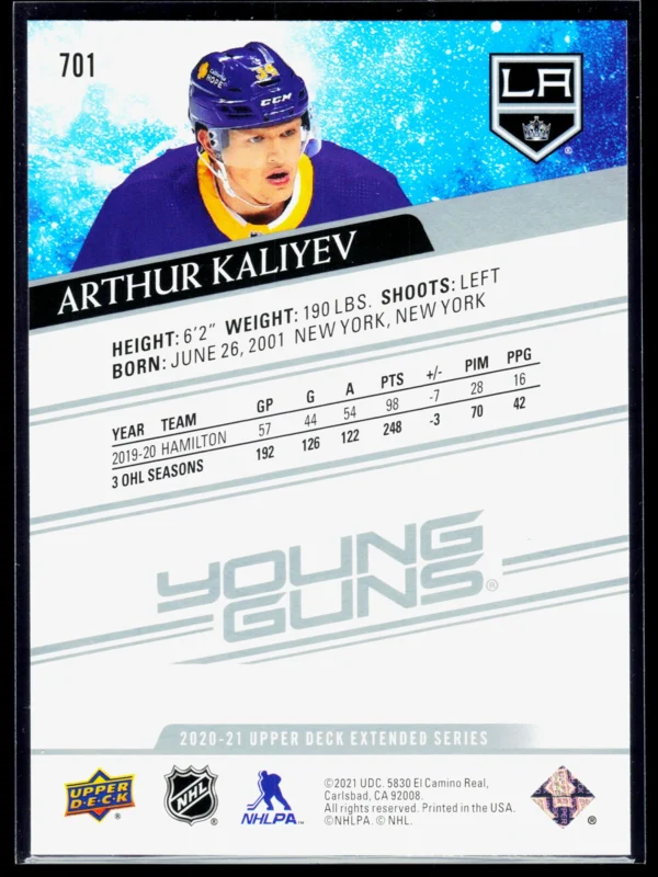 2020 21 Arthur Kaliyev #701 Upper Deck Extended Series Young Guns - back
