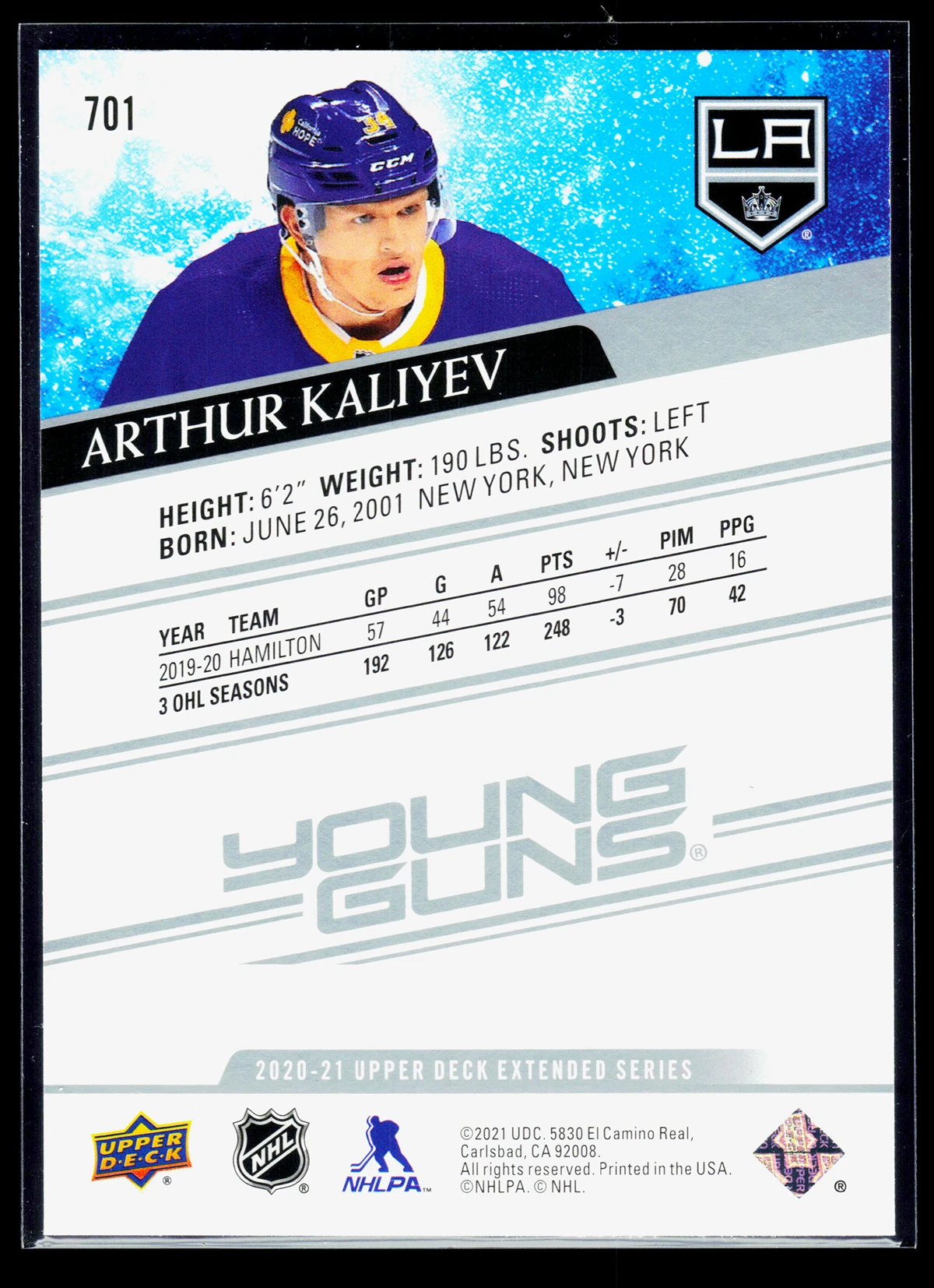 2020 21 Arthur Kaliyev #701 Upper Deck Extended Series Young Guns - back