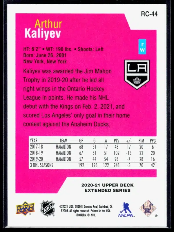 2020 21 Arthur Kaliyev #RC 44 Upper Deck Extended Series Rookie Class SE - back
