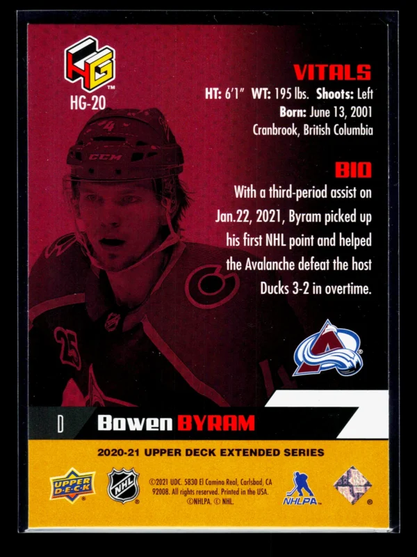 2020 21 Bowen Byram #HG 20 Upper Deck Extended Series HoloGrFX - back