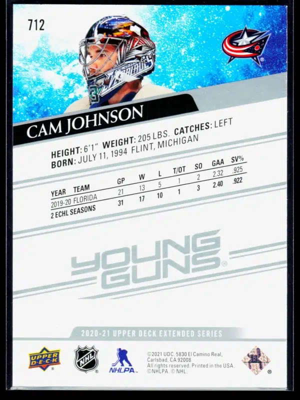 2020 21 Cam Johnson #712 Upper Deck Extended Series Young Guns - back