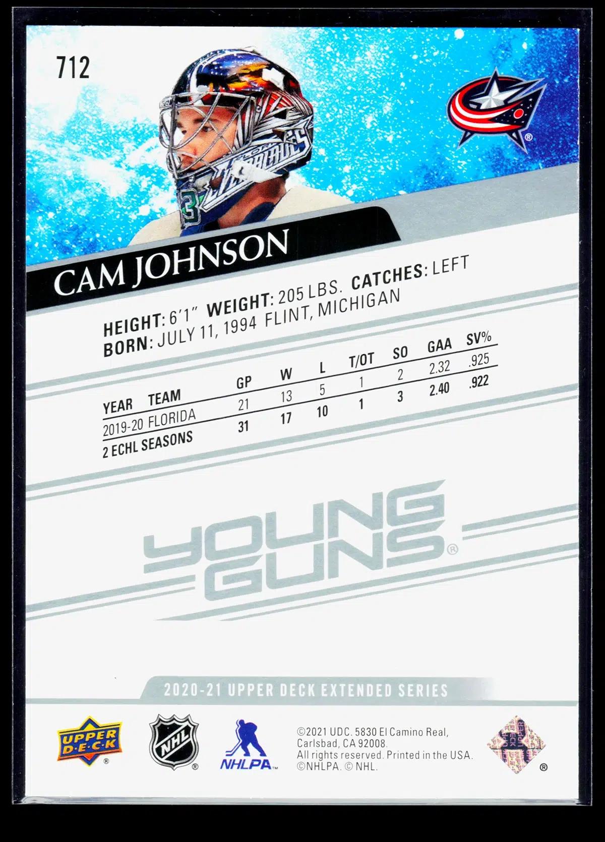2020 21 Cam Johnson #712 Upper Deck Extended Series Young Guns - back