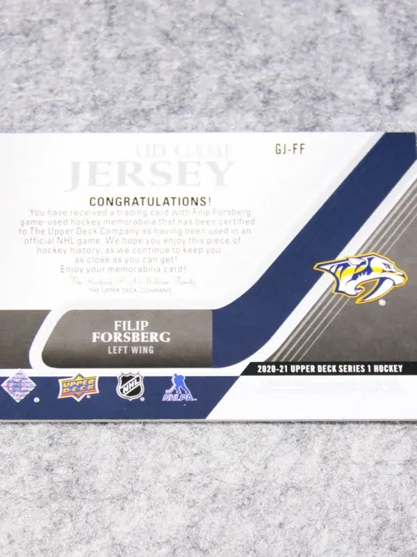 2020 21 Filip Forsberg #GJ FF Upper Deck Series 1 UD Game Jersey - back