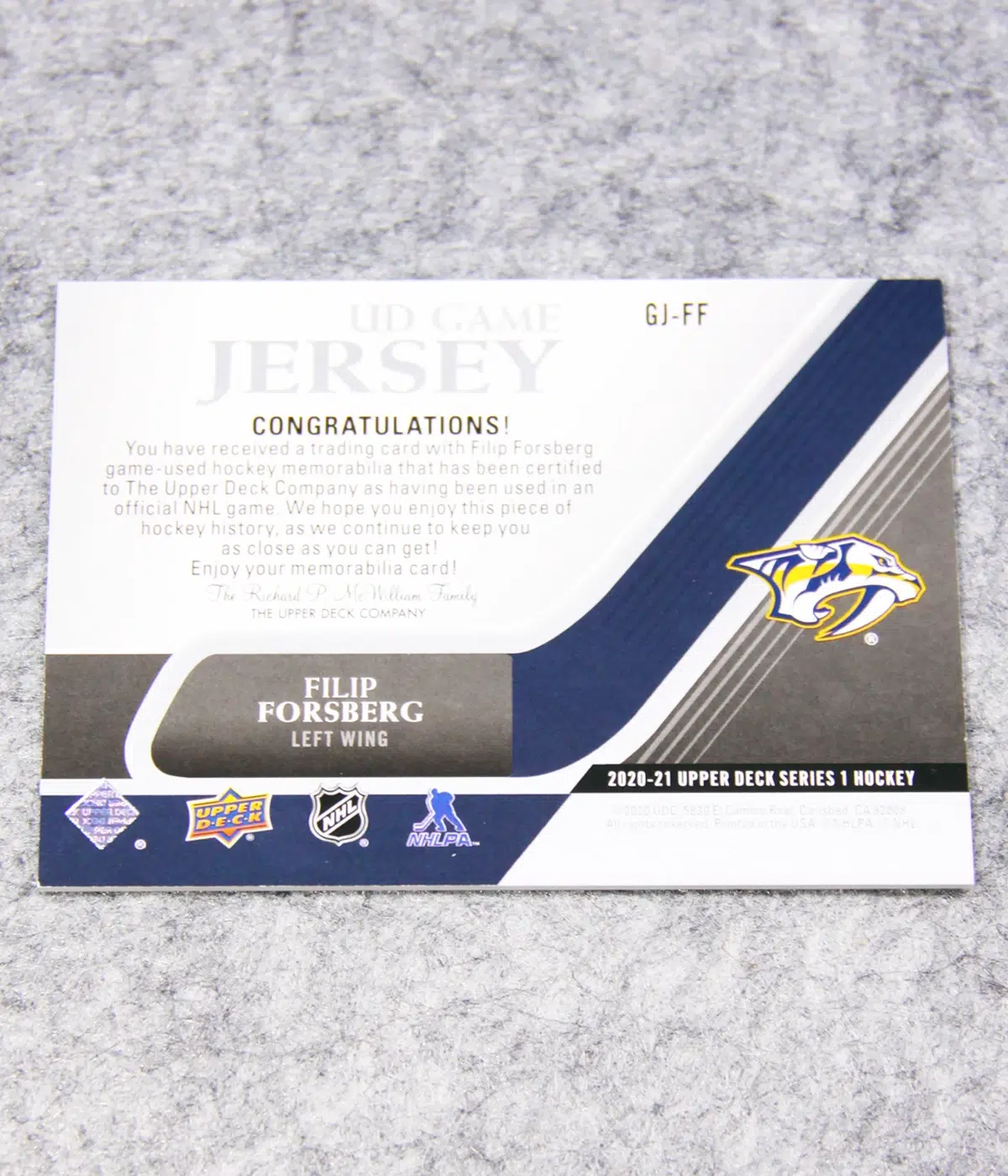 2020 21 Filip Forsberg #GJ FF Upper Deck Series 1 UD Game Jersey - back