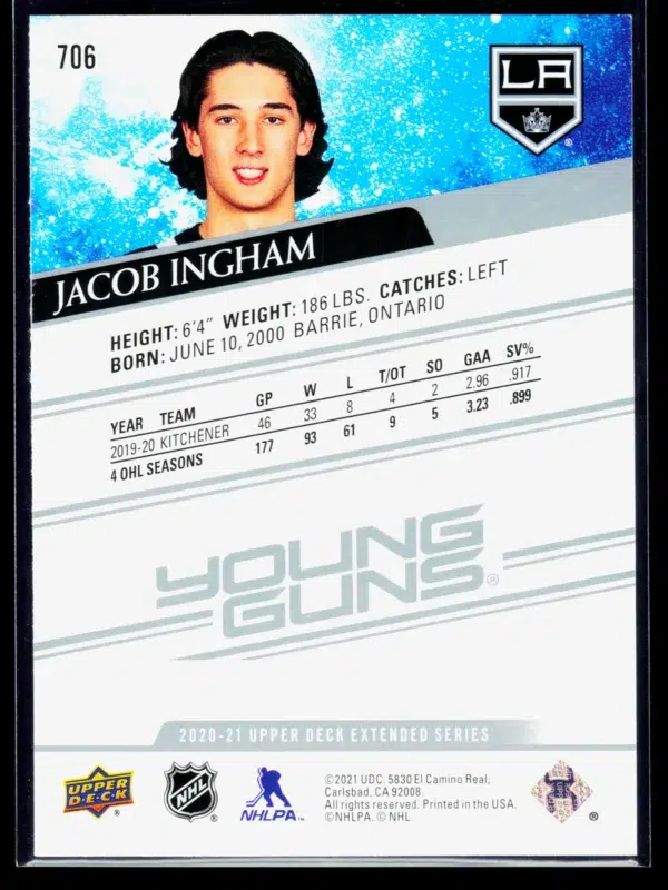 2020 21 Jacob Ingham #706 Upper Deck Extended Series Young Guns - back