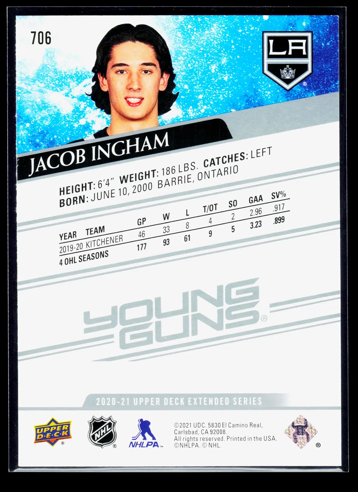 2020 21 Jacob Ingham #706 Upper Deck Extended Series Young Guns - back