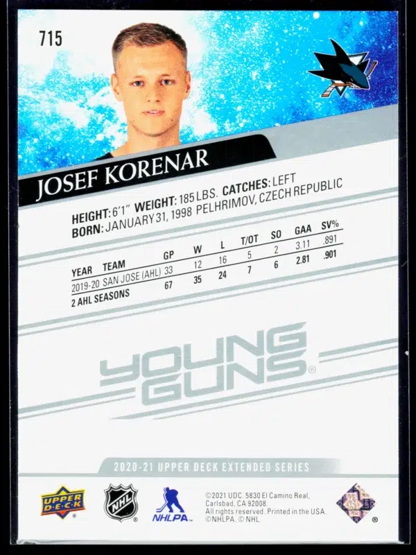 2020 21 Josef Korenar #715 Upper Deck Extended Series Young Guns - back