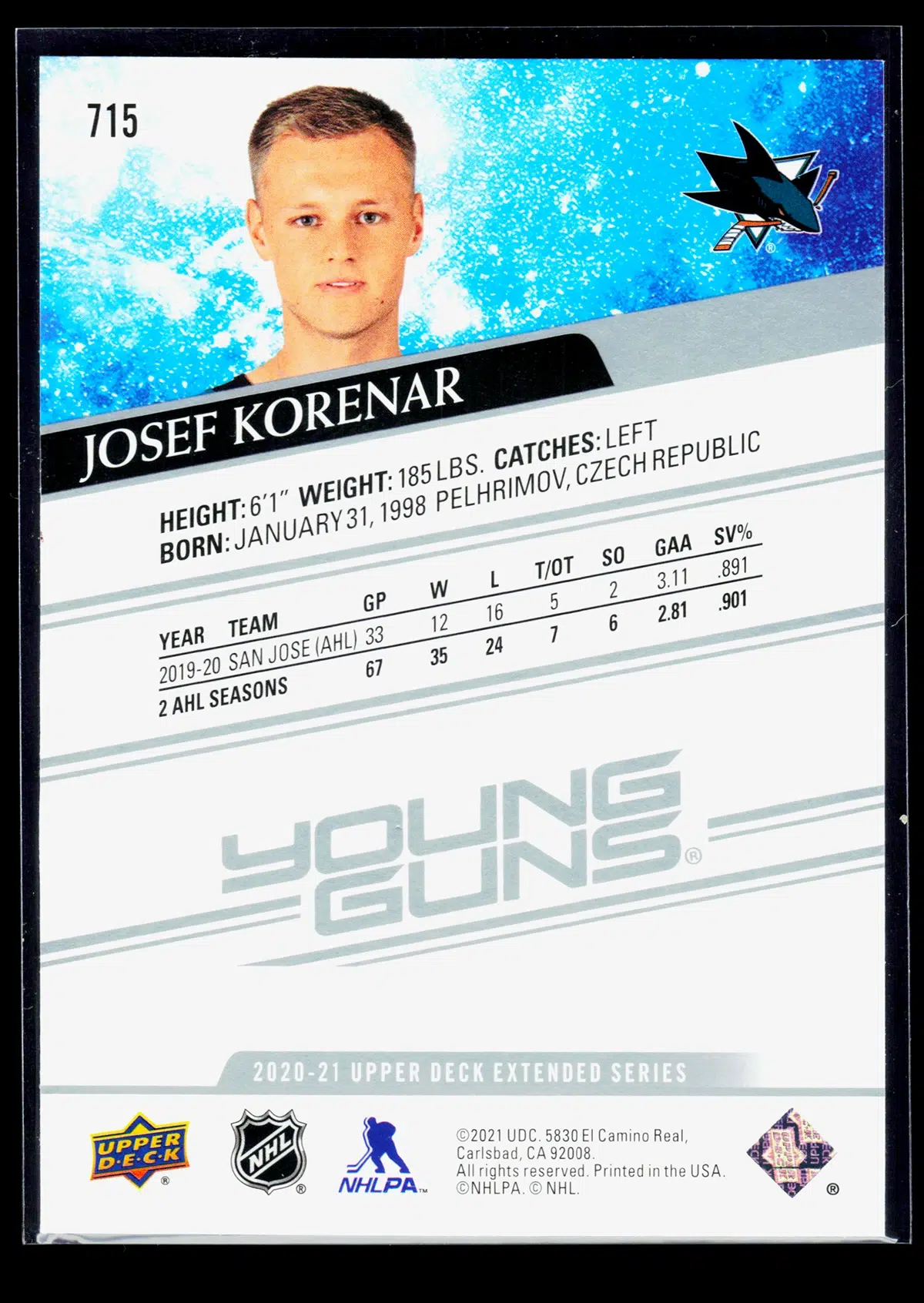 2020 21 Josef Korenar #715 Upper Deck Extended Series Young Guns - back