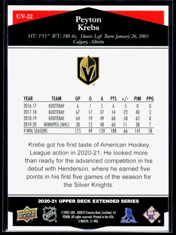 2020 21 Peyton Krebs #UV 22 Upper Deck Extended Series Ultimate Victory - back