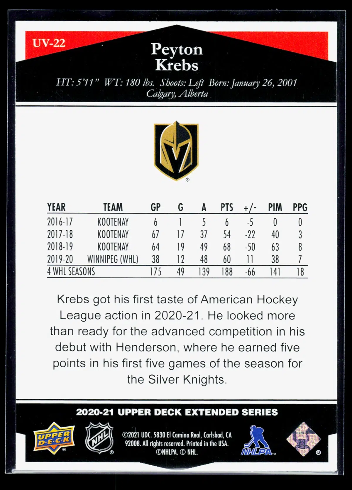 2020 21 Peyton Krebs #UV 22 Upper Deck Extended Series Ultimate Victory - back