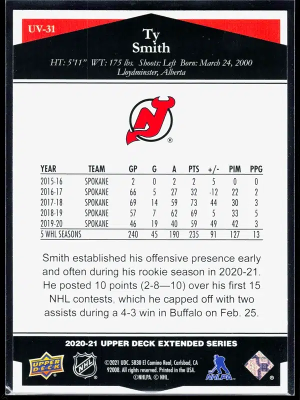 2020 21 Ty Smith #UV 31 Upper Deck Extended Series Ultimate Victory - back