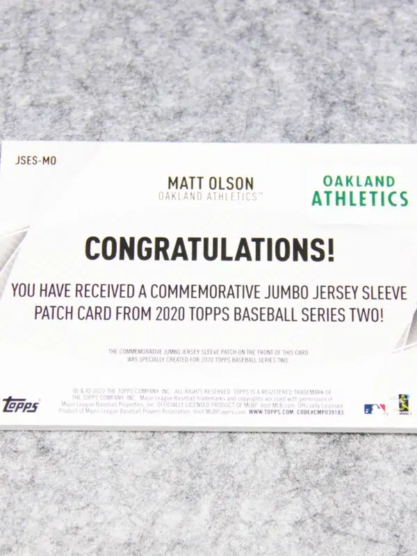 2020 Matt Olson #JSES MO Topps Jumbo Jersey Sleeve Patch Oakland Athletics 50th Anniversary - back