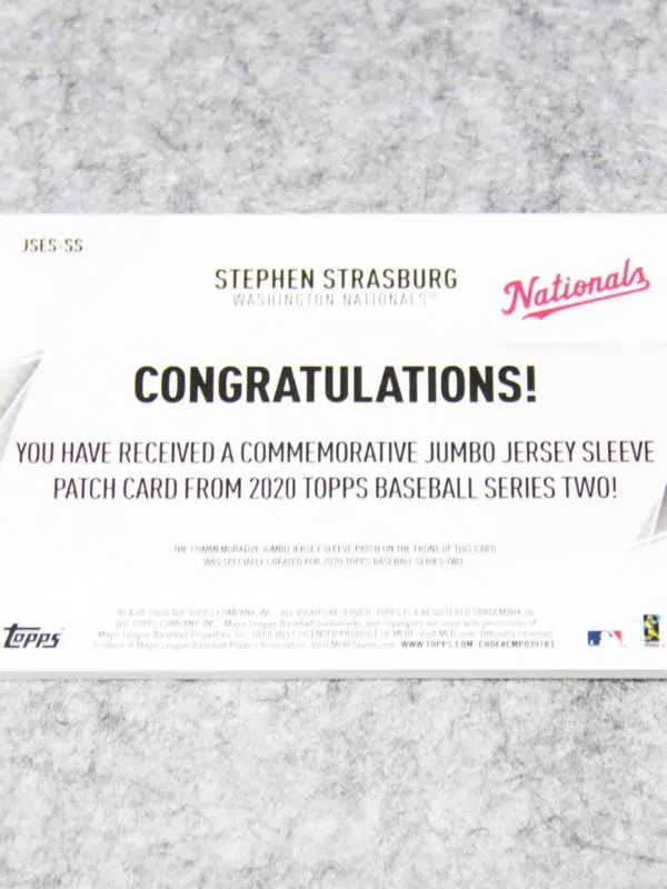 2020 Stephen Strasburg #JSES SS Topps Jumbo Jersey Sleeve Patch Washington Nationals 10th Anniversary - back