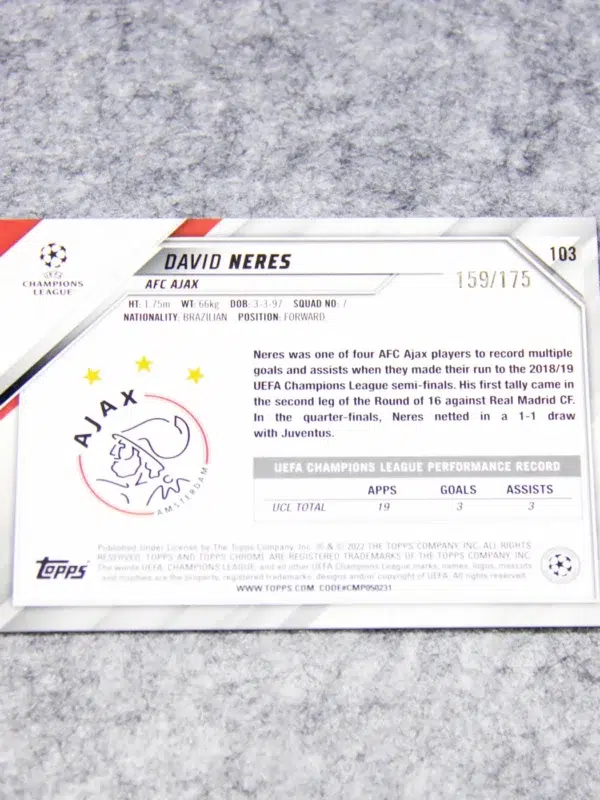 2021-22 David Neres #103 Topps Chrome UEFA Champions League Pink Mini-Diamond /175