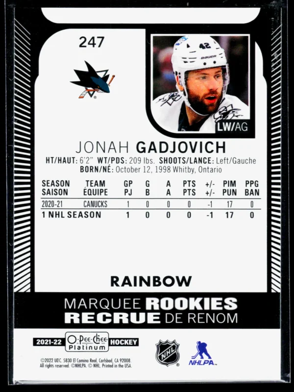 2021 22 Jonah Gadjovich #247 O Pee Chee Platinum Marquee Rookies Rainbow - back