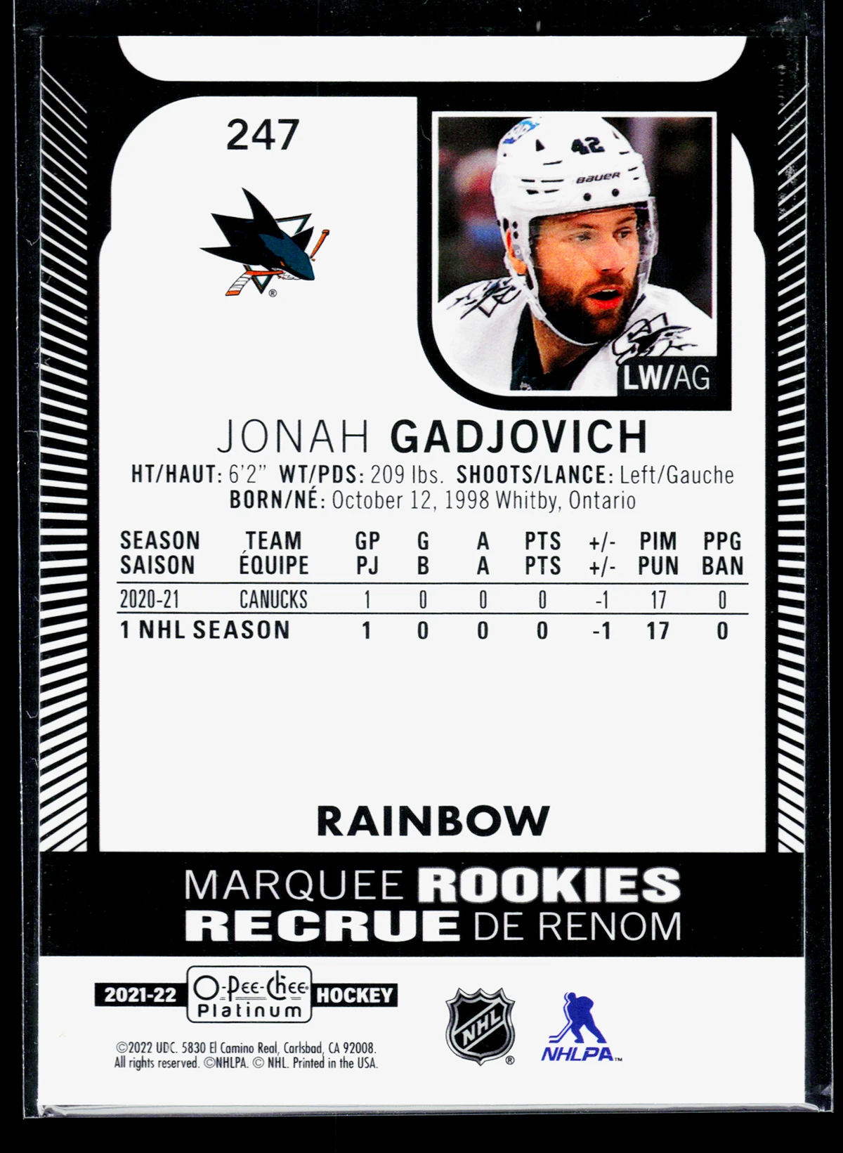 2021 22 Jonah Gadjovich #247 O Pee Chee Platinum Marquee Rookies Rainbow - back