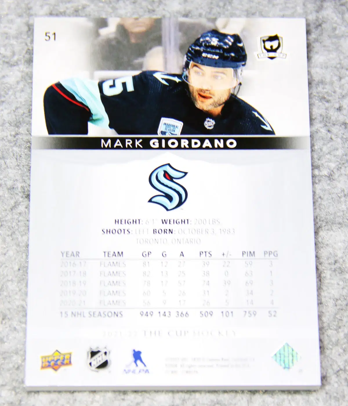 2021 22 Mark Giordano #51 Upper Deck The Cup of 249 - back