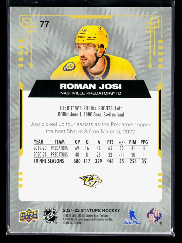 2021 22 Roman Josi #77 Upper Deck Stature Green of 149 - back