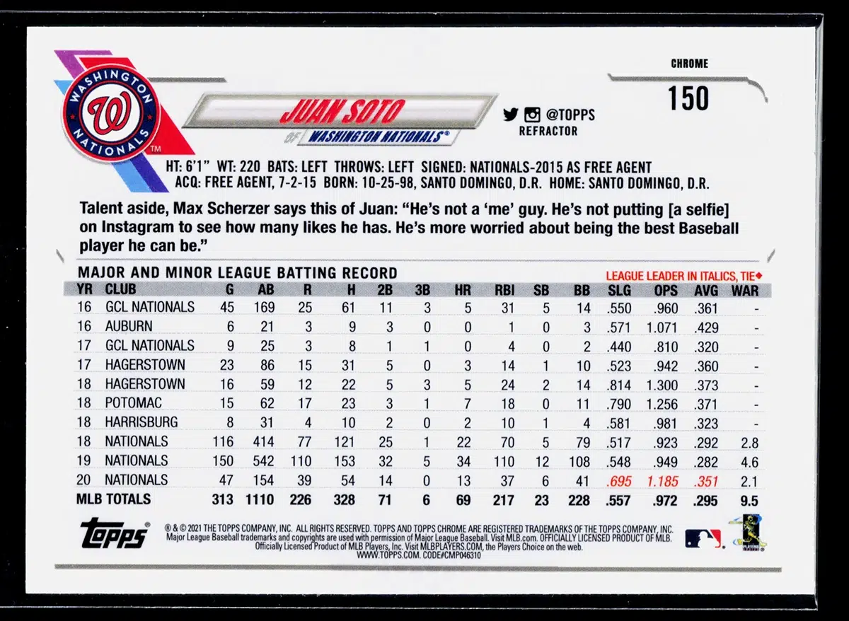 2021 Juan Soto #150 Topps Chrome Refractor - back