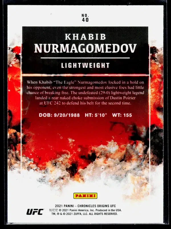 2021 Khabib Nurmagomedov #40 Panini Chronicles Origins UFC - back