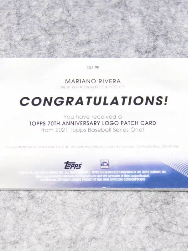 2021 Mariano Rivera #70LP MR Topps 70th Anniversary Logo Patch - back