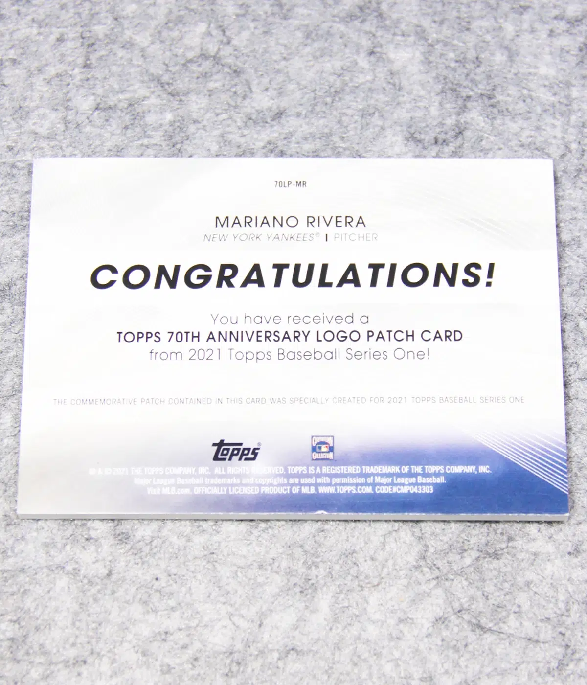 2021 Mariano Rivera #70LP MR Topps 70th Anniversary Logo Patch - back