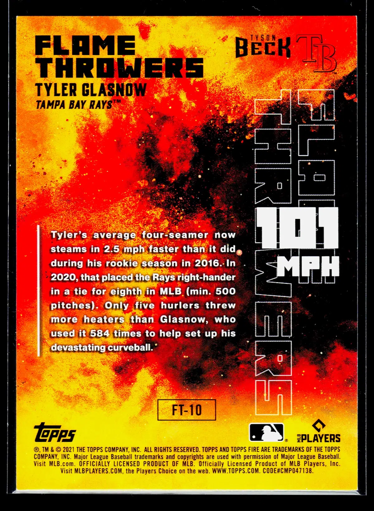 2021 Tyler Glasnow #FT 10 Topps Fire Flame Throwers - back