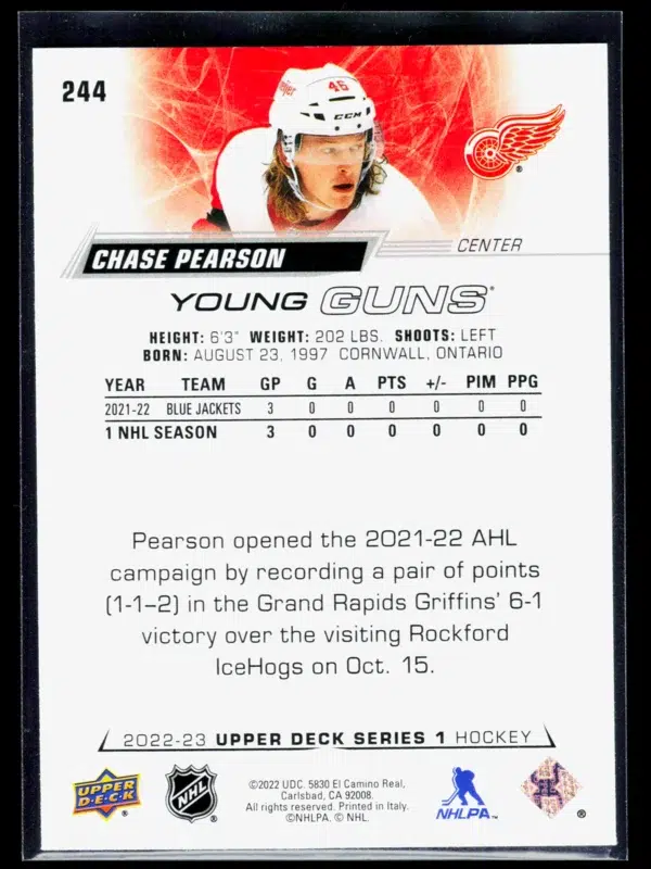 2022 23 Chase Pearson #244 Upper Deck Series 1 Young Guns - back