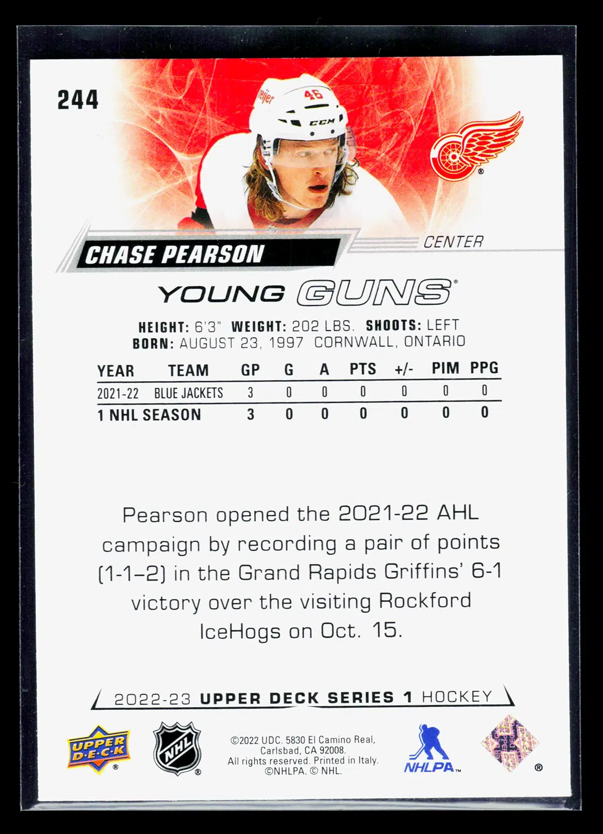 2022 23 Chase Pearson #244 Upper Deck Series 1 Young Guns - back