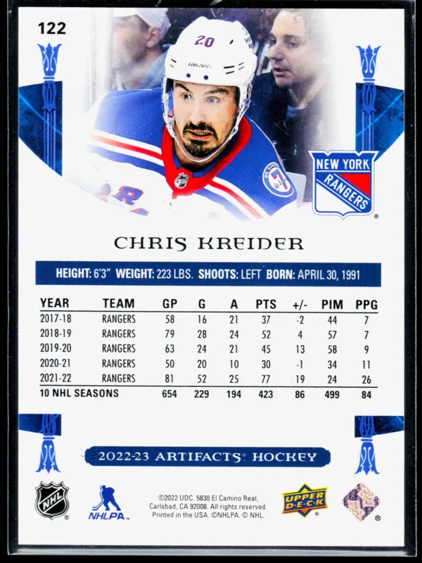 2022 23 Chris Kreider #122 Upper Deck Artifacts of 499 - back