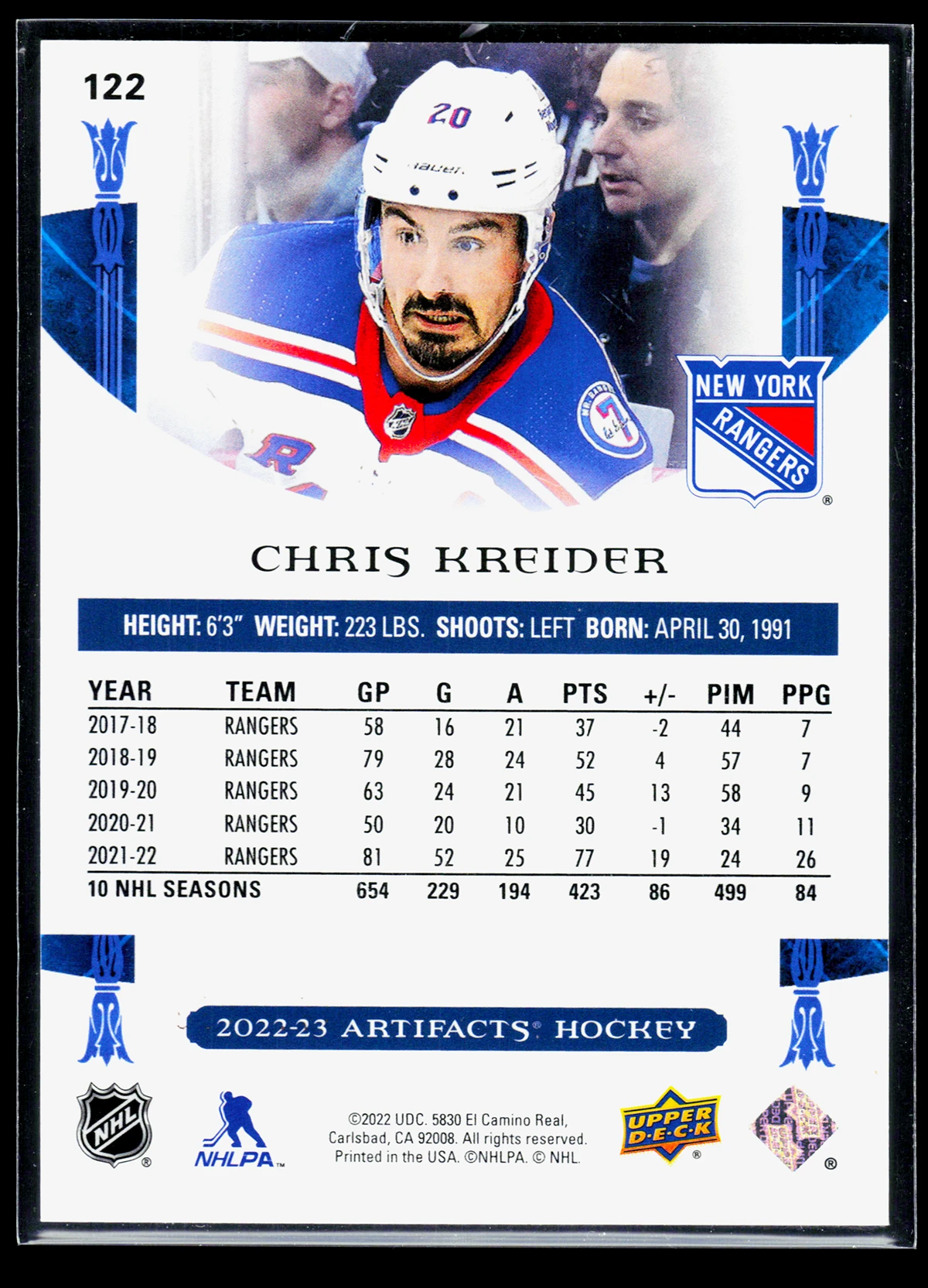 2022 23 Chris Kreider #122 Upper Deck Artifacts of 499 - back