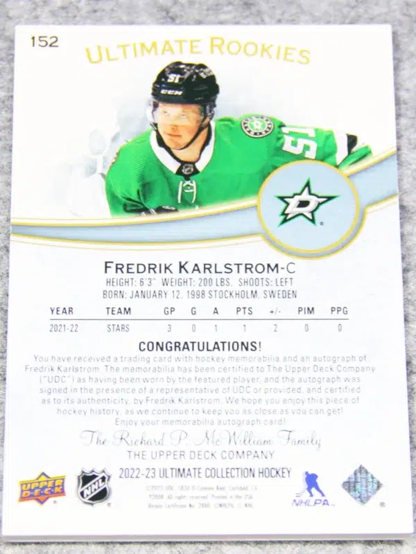 2022 23 Fredrik Karlstrom #152 Upper Deck Ultimate Collection Ultimate Rookies of 99 - back
