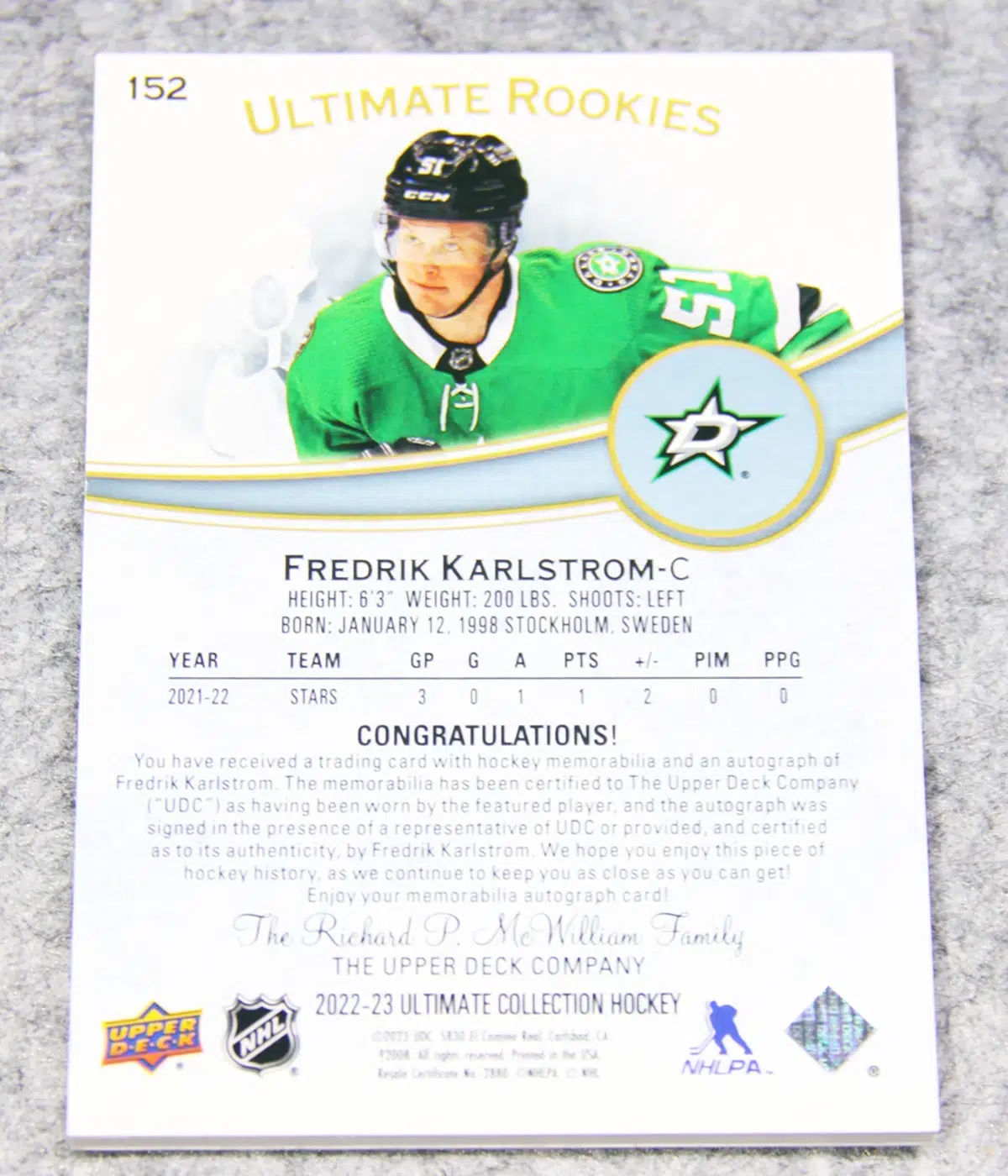 2022 23 Fredrik Karlstrom #152 Upper Deck Ultimate Collection Ultimate Rookies of 99 - back