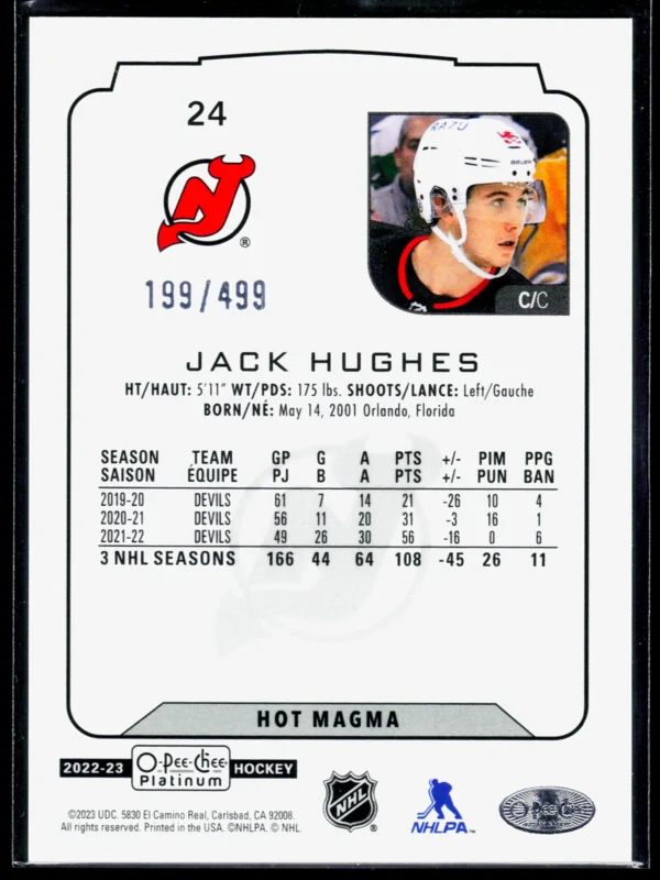 2022 23 Jack Hughes #24 O Pee Chee Platinum Hot Magma of 499 - back