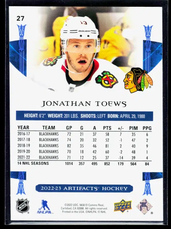 2022 23 Jonathan Toews #27 Upper Deck Artifacts of 299 - back