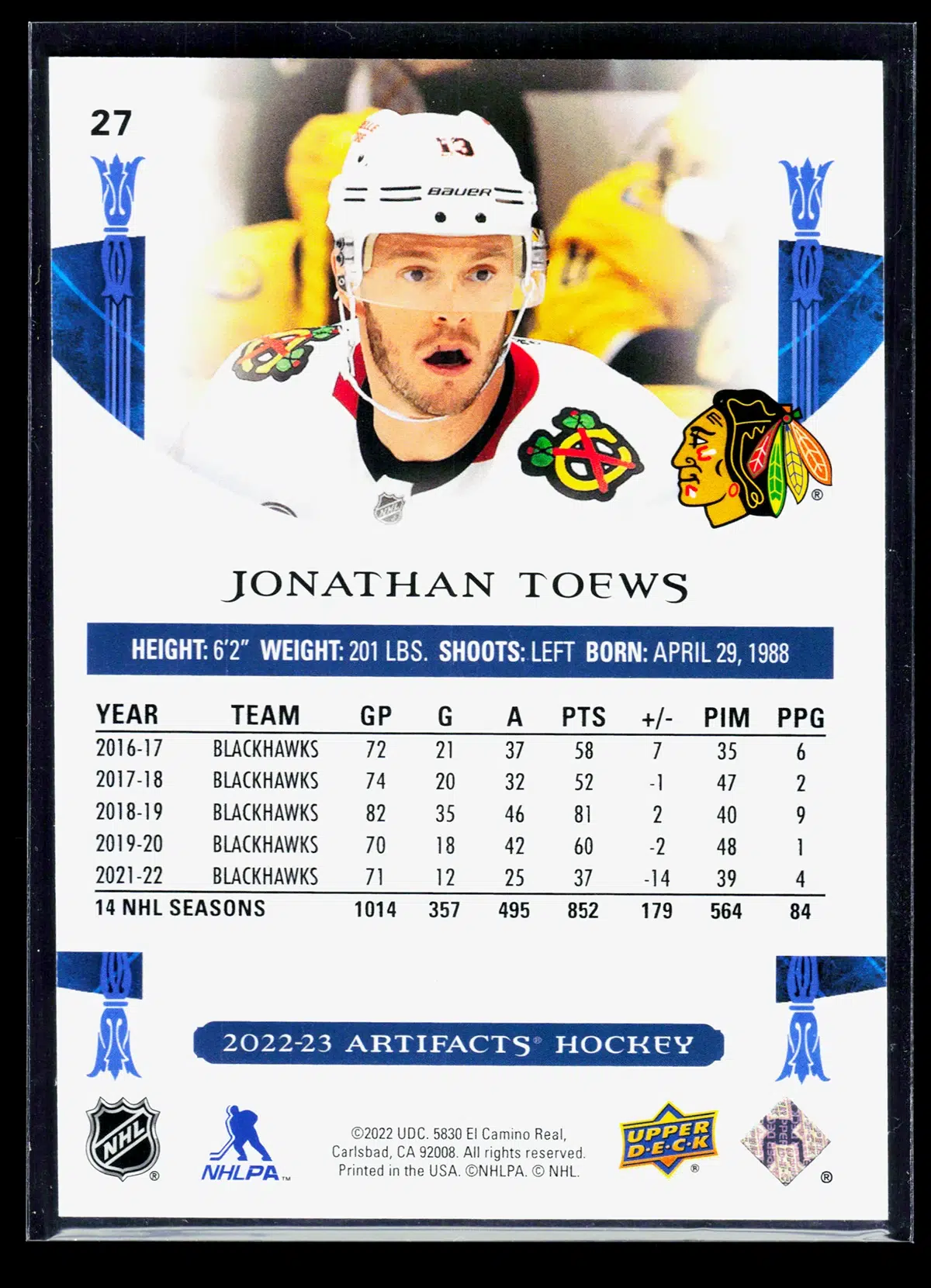 2022 23 Jonathan Toews #27 Upper Deck Artifacts of 299 - back