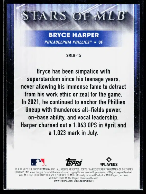 2022 Bryce Harper #SMLB 15 Topps Stars of MLB - back