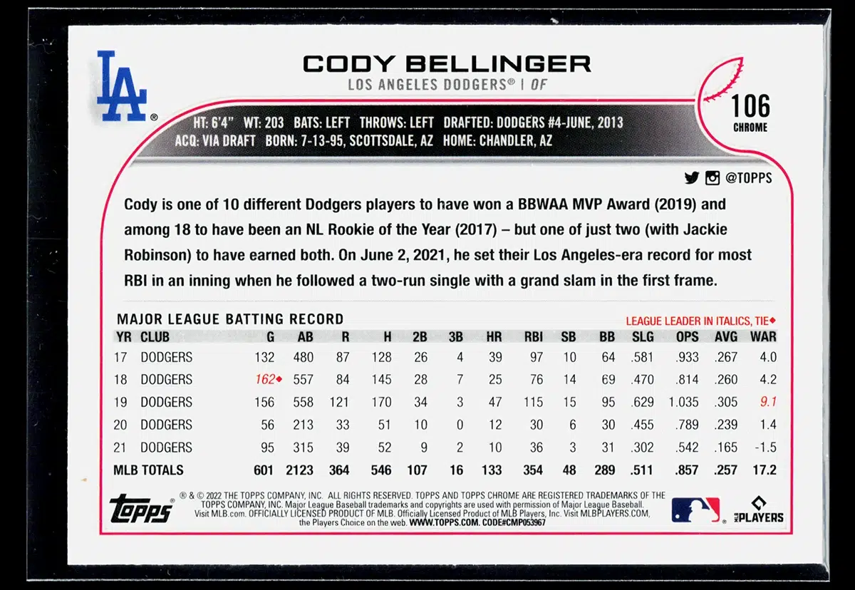 2022 Cody Bellinger #106 Topps Chrome - back
