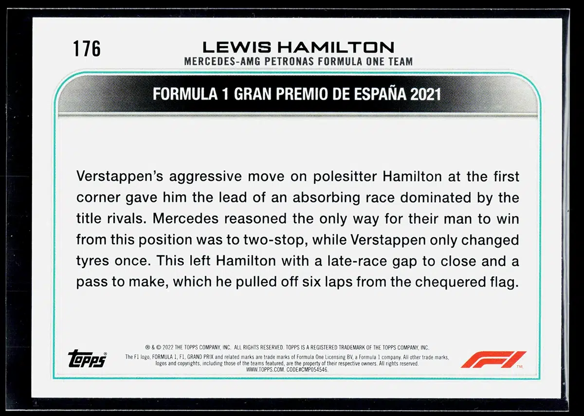 2022 Lewis Hamilton #176 Topps Chrome Formula 1 Grand Prix Driver of the Day - back
