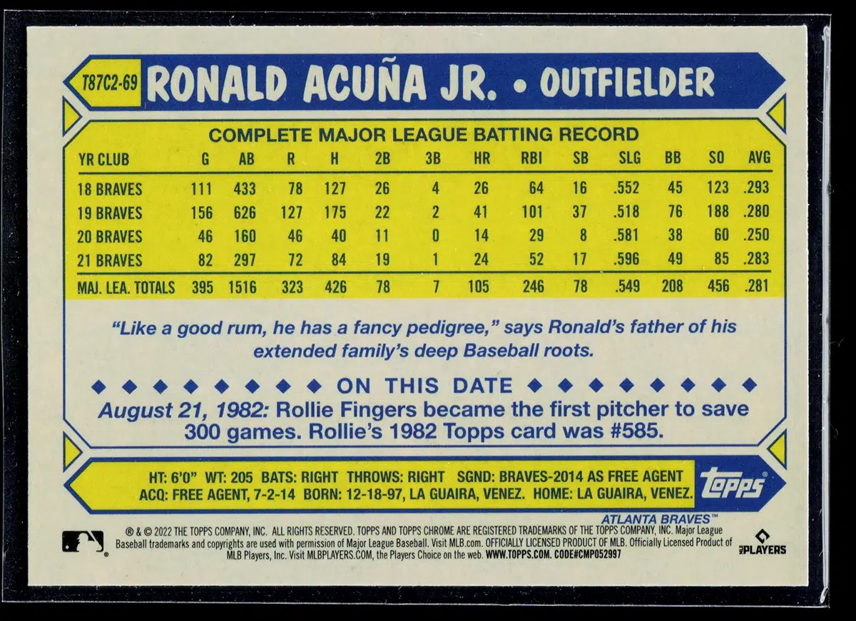 2022 Ronald Acuna Jr #T87C2 69 Topps Chrome 1987 Topps Baseball Mojo Gold - back
