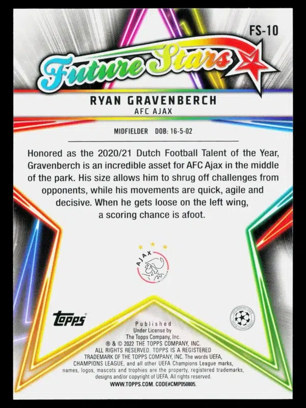 2022 Ryan Gravenberch #FS 10 Topps UEFA Champions League Future Stars - back