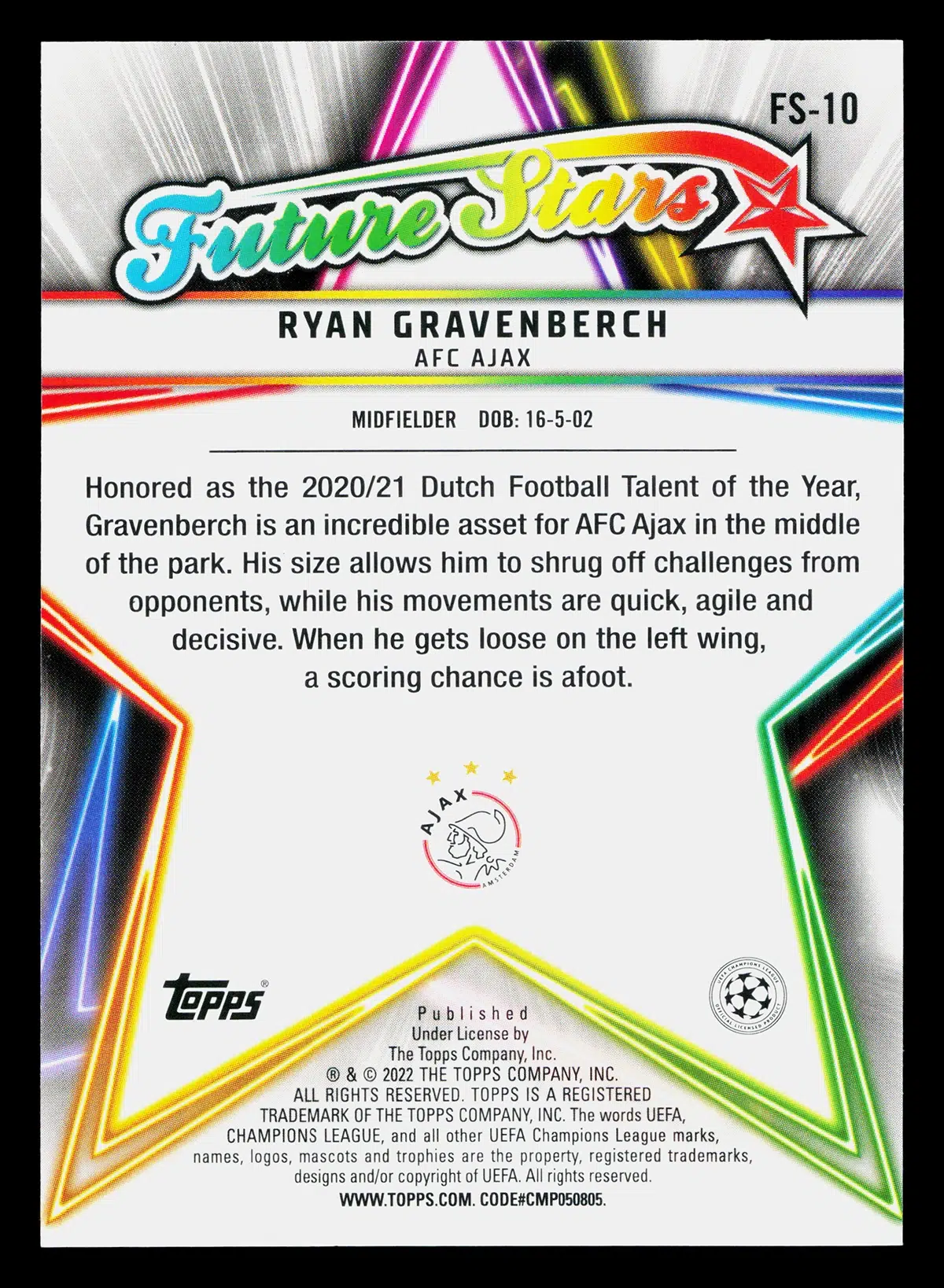 2022 Ryan Gravenberch #FS 10 Topps UEFA Champions League Future Stars - back