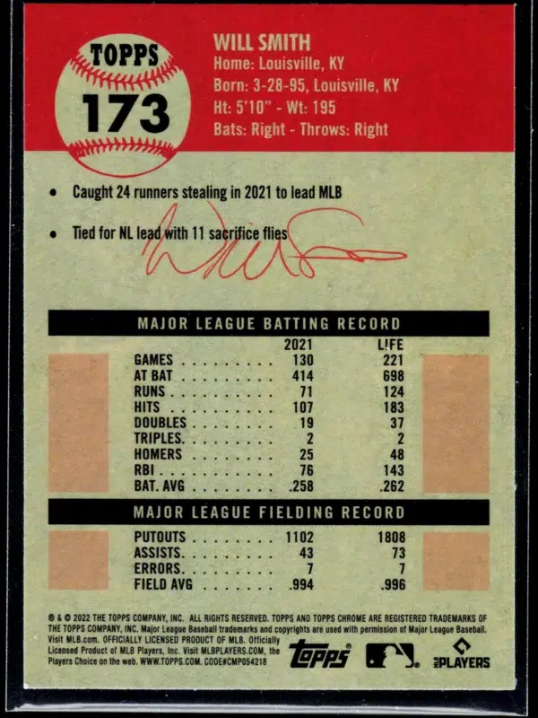 2022 Will Smith #173 Topps Chrome 1987 Topps Baseball - back