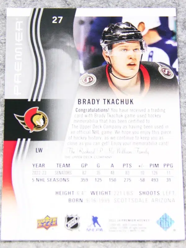 2023 24 Brady Tkachuk #27 Upper Deck Premier - back