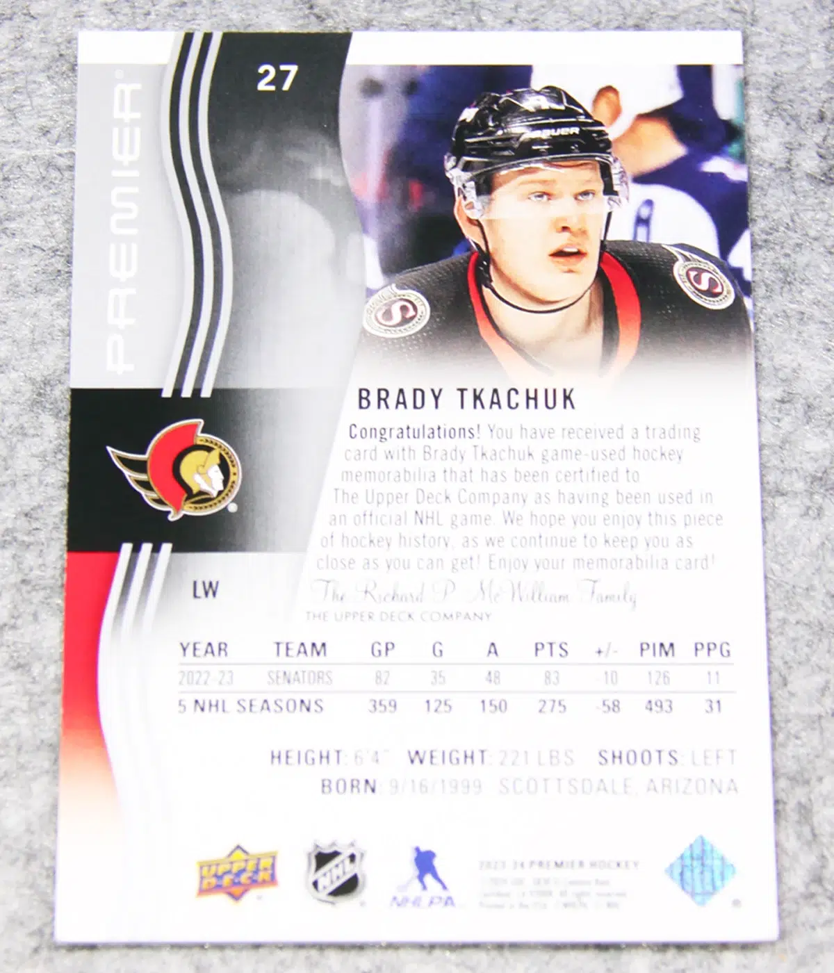 2023 24 Brady Tkachuk #27 Upper Deck Premier - back
